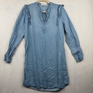 Cloth & Stone Anthropologie Chambray Dress Ruffle Long Sleeve Womens Size S‎